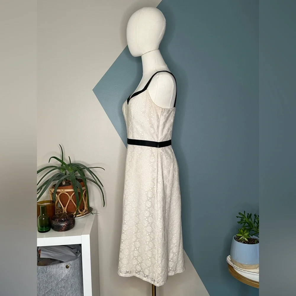 Ann Taylor LOFT 4P Petites Lace Fit & Flare Dress White Black Trim Midi - Picture 3 of 11